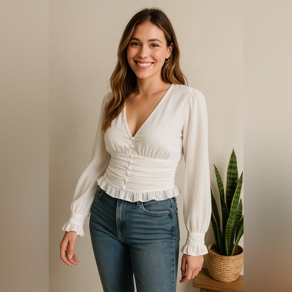 E.ssue White Blouse Small Bridal Brunch Ruffle Top Balletcore Coquette - Picture 2 of 11